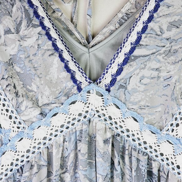 Umgee Baby Blue White Floral Crochet Trim Tunic Dress Sz M - Picture 6 of 7